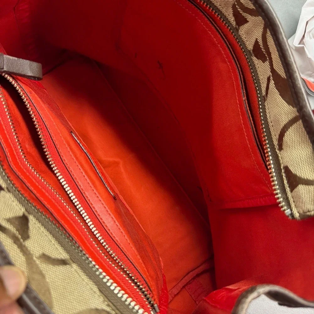 Coach Signature Jacquard Stripe Tote Bag Khaki Brown Red Canvas Shoulder Bag